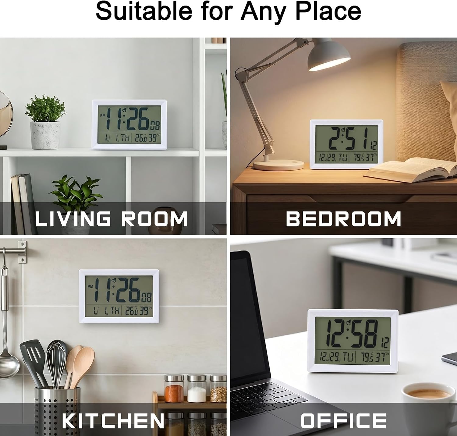 Digital Wall Clock Battery Operated with LCD Display, 6.5” Small Digital Clock with Seconds/Temperature/Humidity/Snooze - 12/24H, Digital Alarm Clocks for Bedrooms, Living Room, Office, Gym