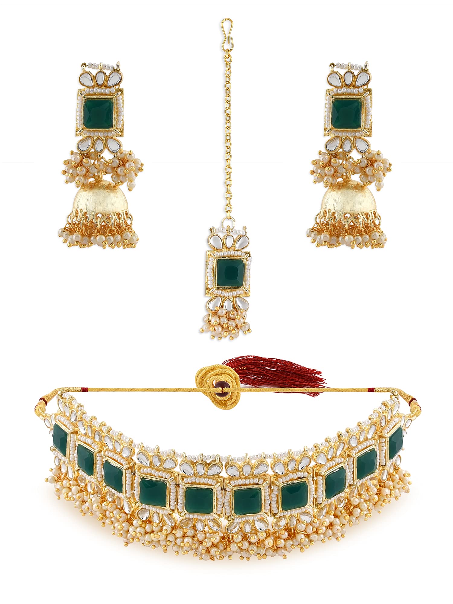 ZAVERI PEARLS Green Stones & Clustered Pearls Necklace Earring & Maangtikka Set For Women-ZPFK11239 (B09GNKGXW8) Amazon Price History, Amazon Price Tracker