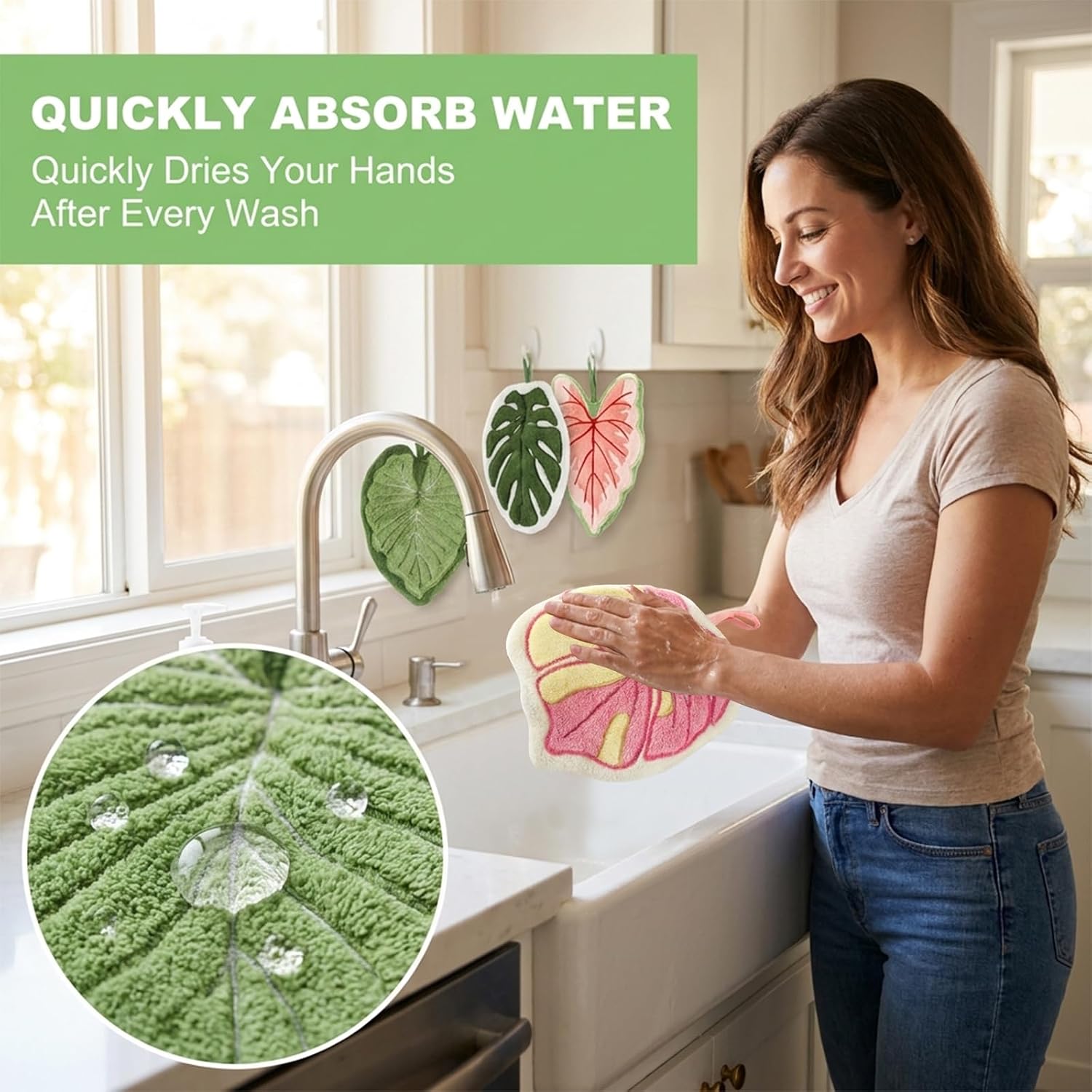 4 Pack Hanging Leaf Hand Towels, Soft Absorbent Coral Fleece Kitchen Towels, Cute Hand Towels for Bathroom and Kitchen Decor, Quick Drying Hanging Washcloths