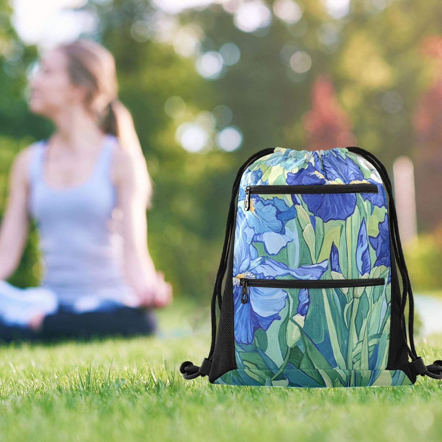 Sport Drawstring Backpack - Irises Flower Van Gogh Breathable Mesh Gym Bag with Water Resistant Zipper Pockets, Comfortable Rope Straps for Travel Outdoor Yoga Dance Beach Swim