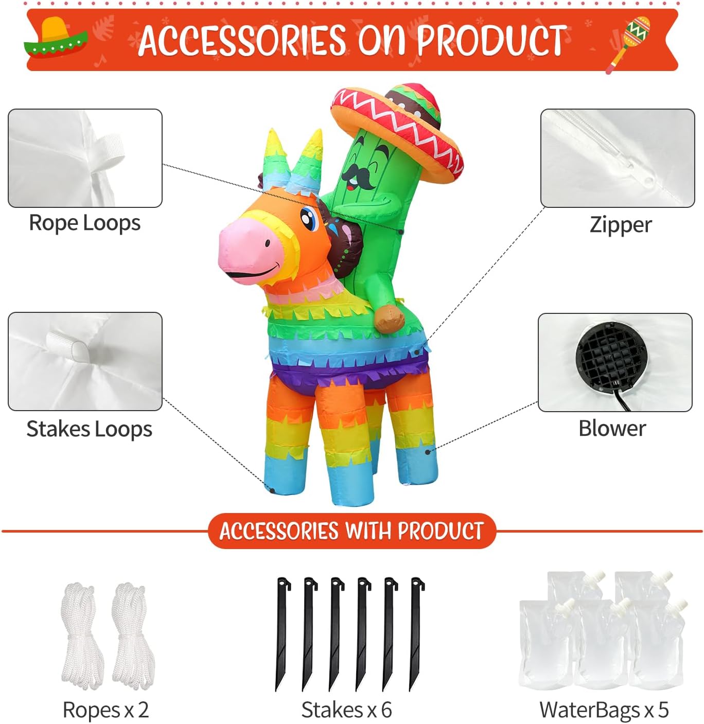 DomKom 6FT Cinco De Mayo Inflatable Cactus Riding Donkey, Mexican Fiesta Party Decor with Sombrero Piñata and Built-in LEDs Light Blow up for Garden Lawn Yard