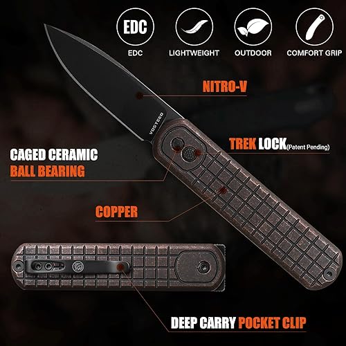 Miniatura 2 de Vosteed Corgi - Navaja de bolsillo pequeña EDC - Hoja de 2.99 pulgadas Nitro-V Black Stonewash - Cerradura patentada Trek Lock, mango de cobre para