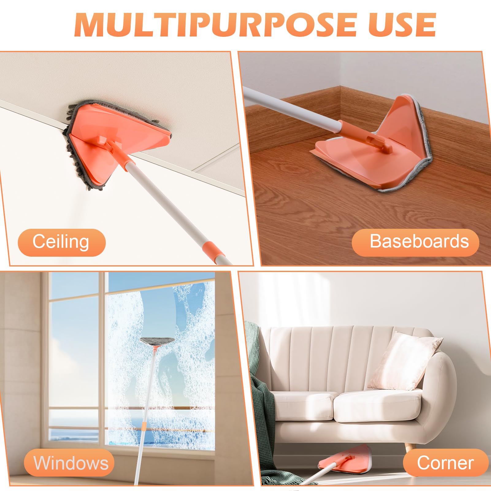 RONSUNG Mopa limpiadora de pared con mango extensible de 82 pulgadas, trapeador triangular multisuperficie con 6 almohadillas reutilizables para limpieza de techo, pared, zócalo, suelo y ventanas