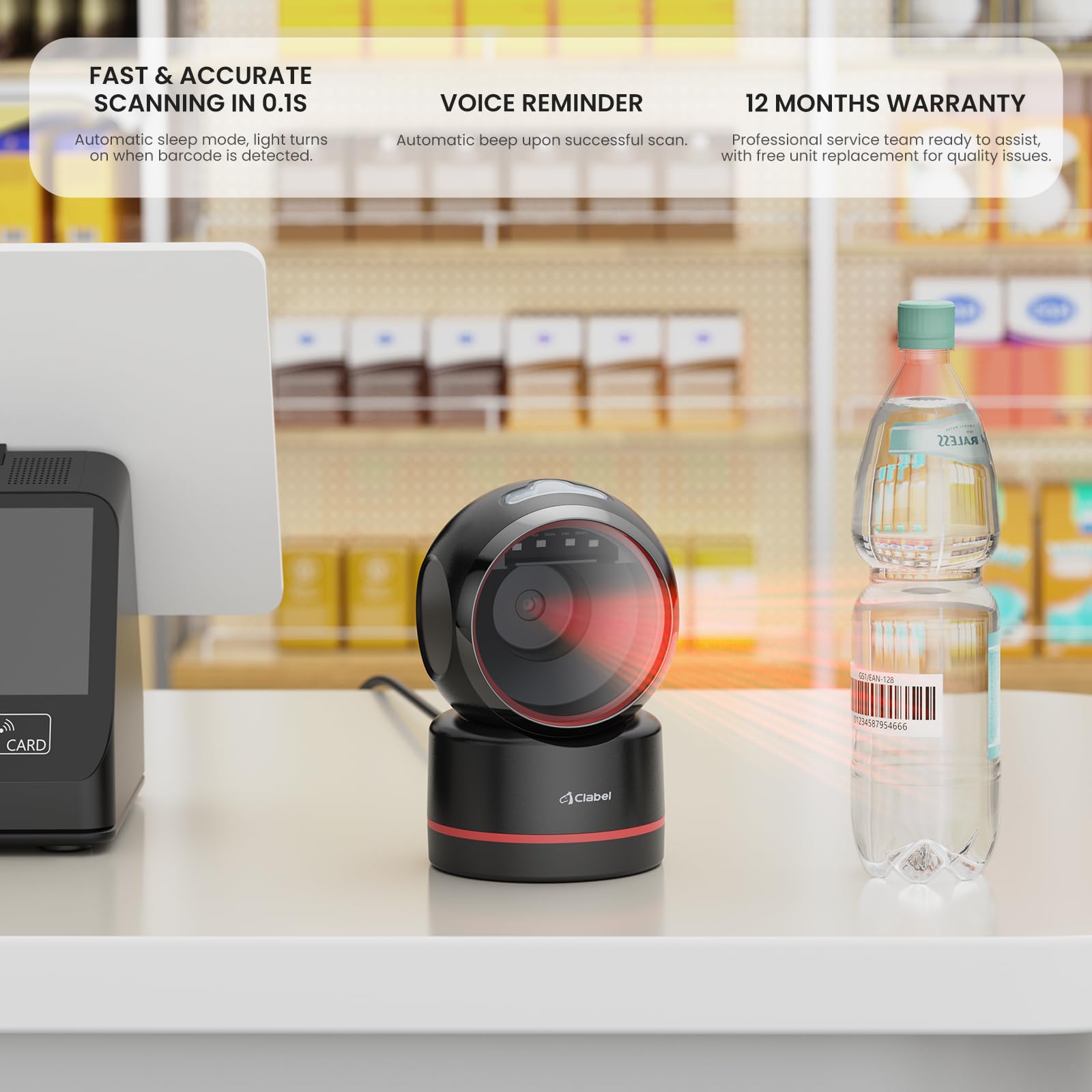 CLABEL T27H Lecteur Code Barre de Bureau Omnidirectionnel : Scanner 1D 2D QR USB Filaire Mains Libres, Tête Réglable et Détection Automatique pour POS Supermarché Commerce de Détail
