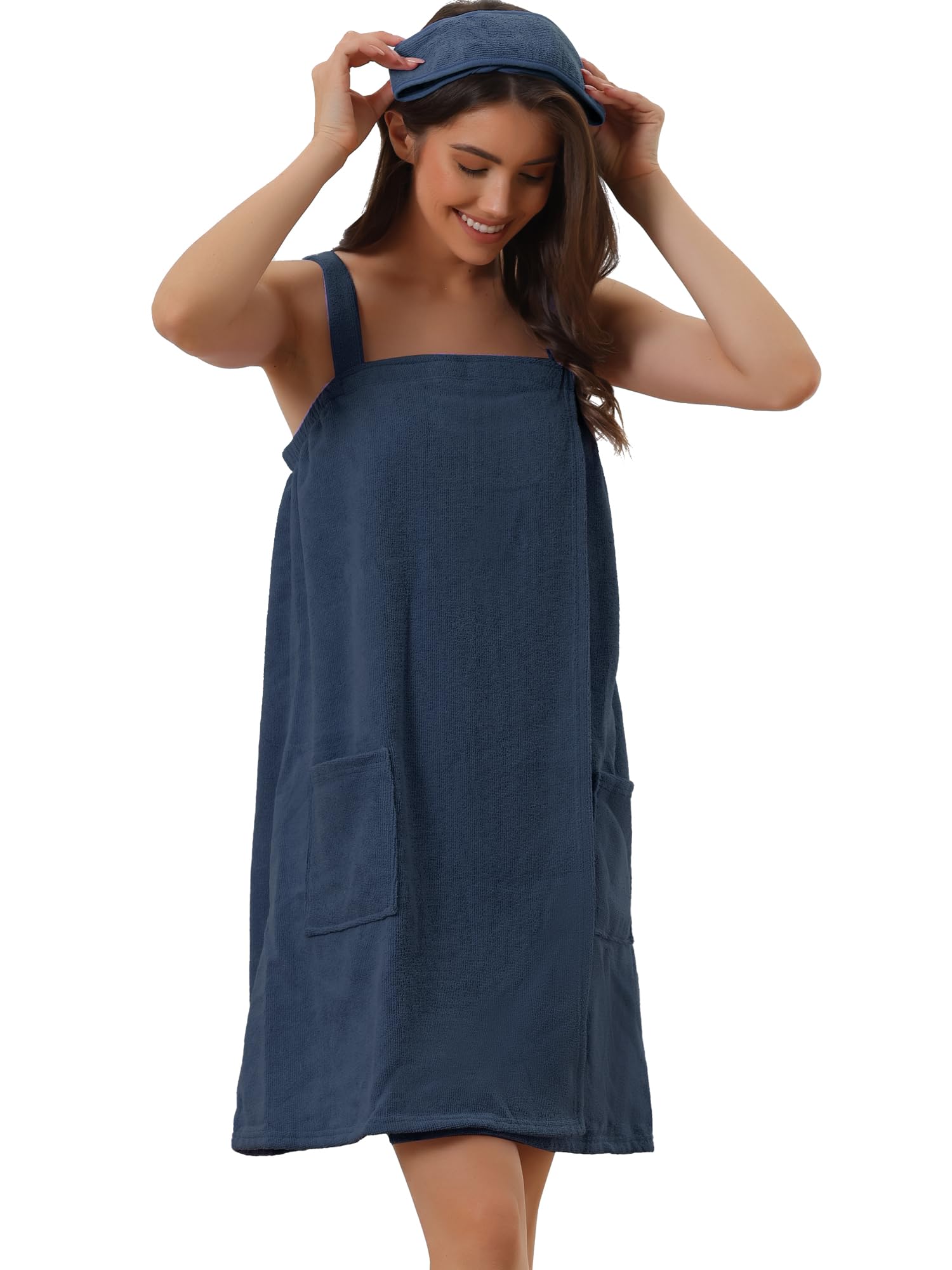 Cheibear Women's Navy Towel Dress Terry Wrap Bathrobe Spa Towelling Robe With Strap For Gym Shower Bath M