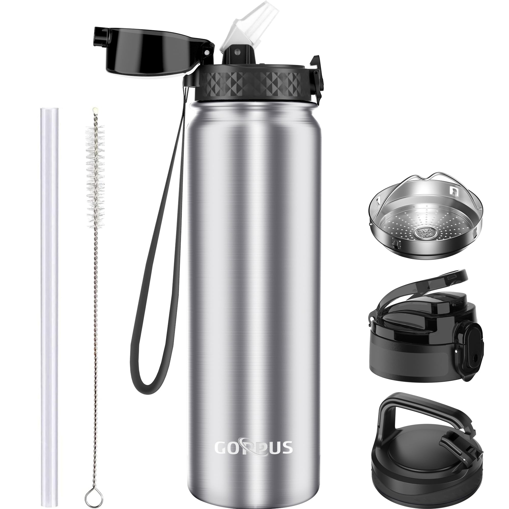 GOPPUS 1L/32oz Stainless Water Bottle with Straw Double Wall Insulated Bottles with Strap Reusable Vacuum Thermal Flask Leakproof Keep Cold Drinks Bottles with Flip Top Lid for Gym Men Women BPA Free