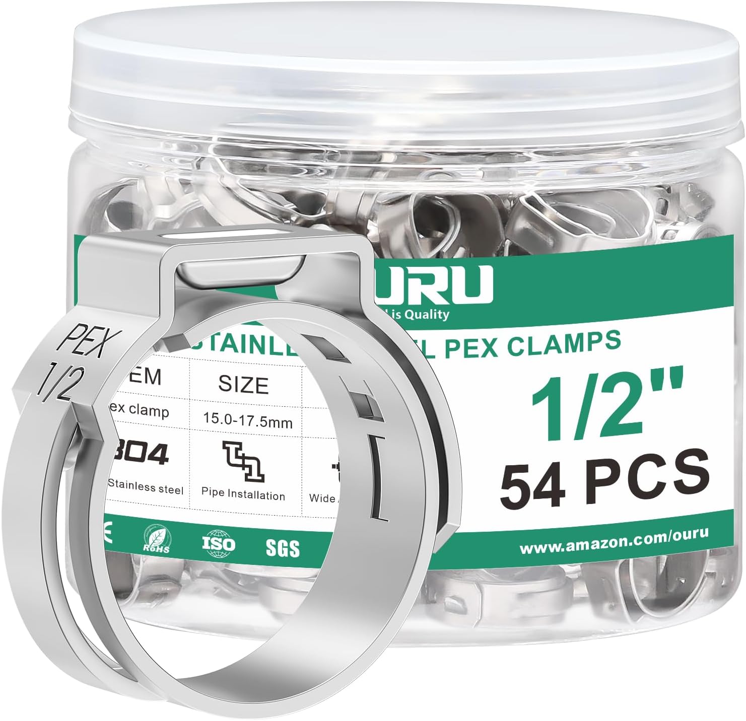 OURU 90PCS Pex Crimp Rings Assortment,304 Stainless Steel Pex Clamps 3/8",1/2",3/4",5/8",1" Single Ear Hose Clamps,Pex Cinch Clamps for Pex Fittings Pipe Tubing