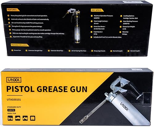 Miniatura 9 de UTOOL Pistola de engrase, kit de pistola de engrase resistente de 8000 PSI con capacidad de 14 onzas, manguera flexible de resina de 18 pulgadas, 2