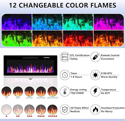 Miniatura 5 de Soporte de TV con chimenea de 36 pulgadas, soporte de TV negro de 70 pulgadas para sala de estar, moderno soporte de TV con chimenea eléctrica con