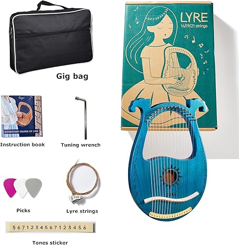 Miniatura 2 de Arpa de lira 16 cuerdas de metal caoba helio patrón arpa clásica con bolsa de concierto, regalos para aficionados y principiantes (azul)
