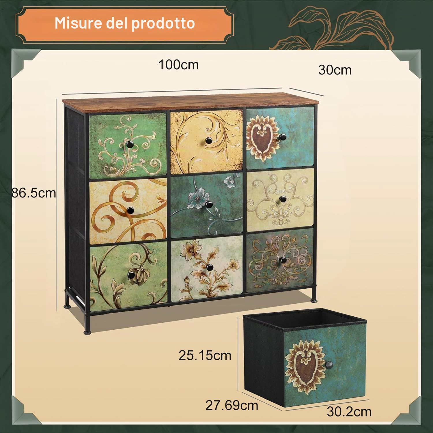 Cassettiera con 9 cassetti in tessuto, mobile di stoccaggio rustico con gambe regolabili, cassettiera per camera da letto con ripiano in legno, armadio portaoggetti vintage, camera dei bambini (retrò