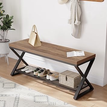 LVB Entryway Shoe Bench with Storage, 39 Entryway Bench for Foyer Hallway, Farmhouse Wood and Metal Indoor Bench for Entrance, Shoe Rack Storage Bench with Sitting for Living Room, Rustic Oak, 39 in