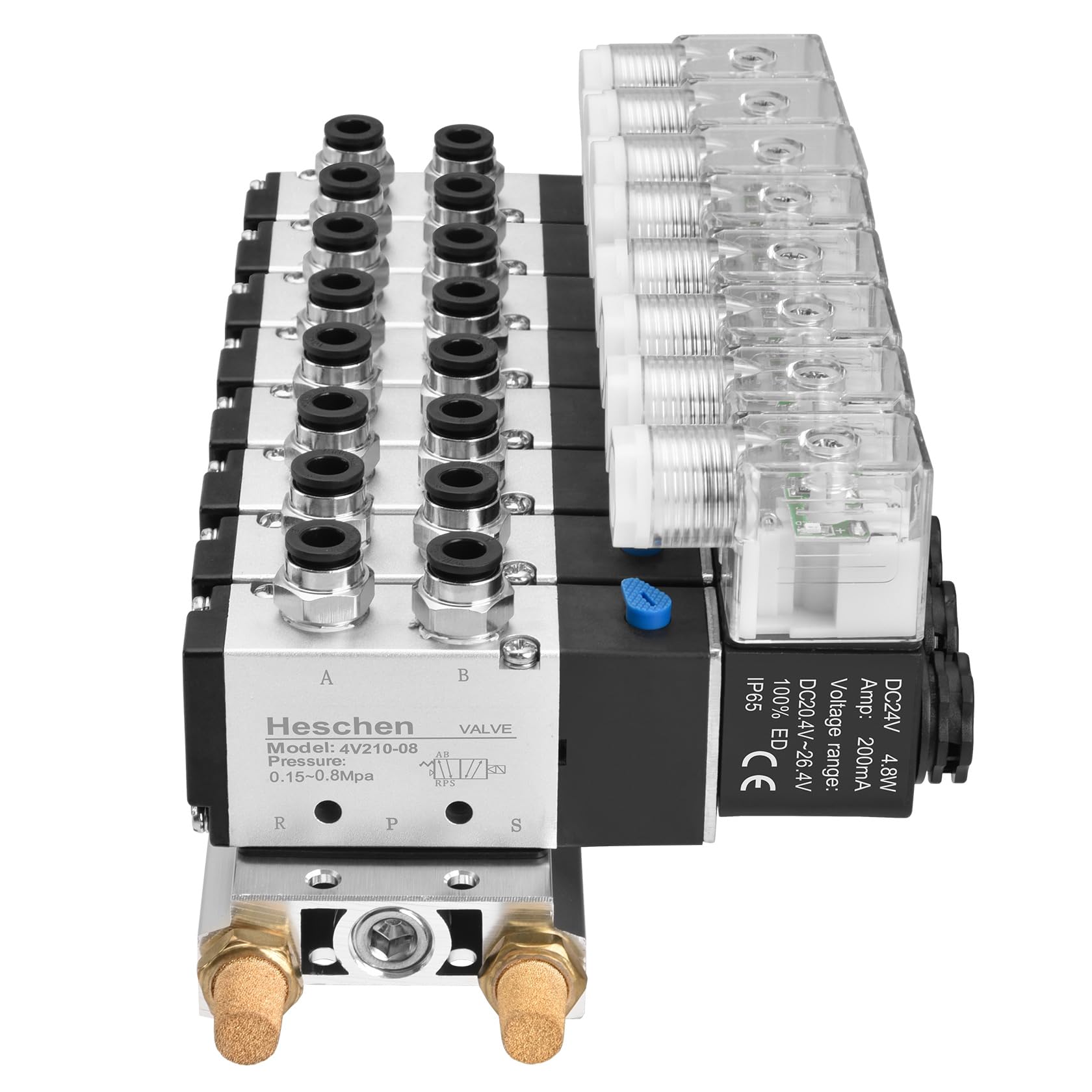 Heschen Válvula solenoide integrada de 8 espacios 4V210-08, DC24V, PT1/4 pulgadas, 5 posiciones 2 posiciones, con silenciador de base, juego de accesorios rápidos