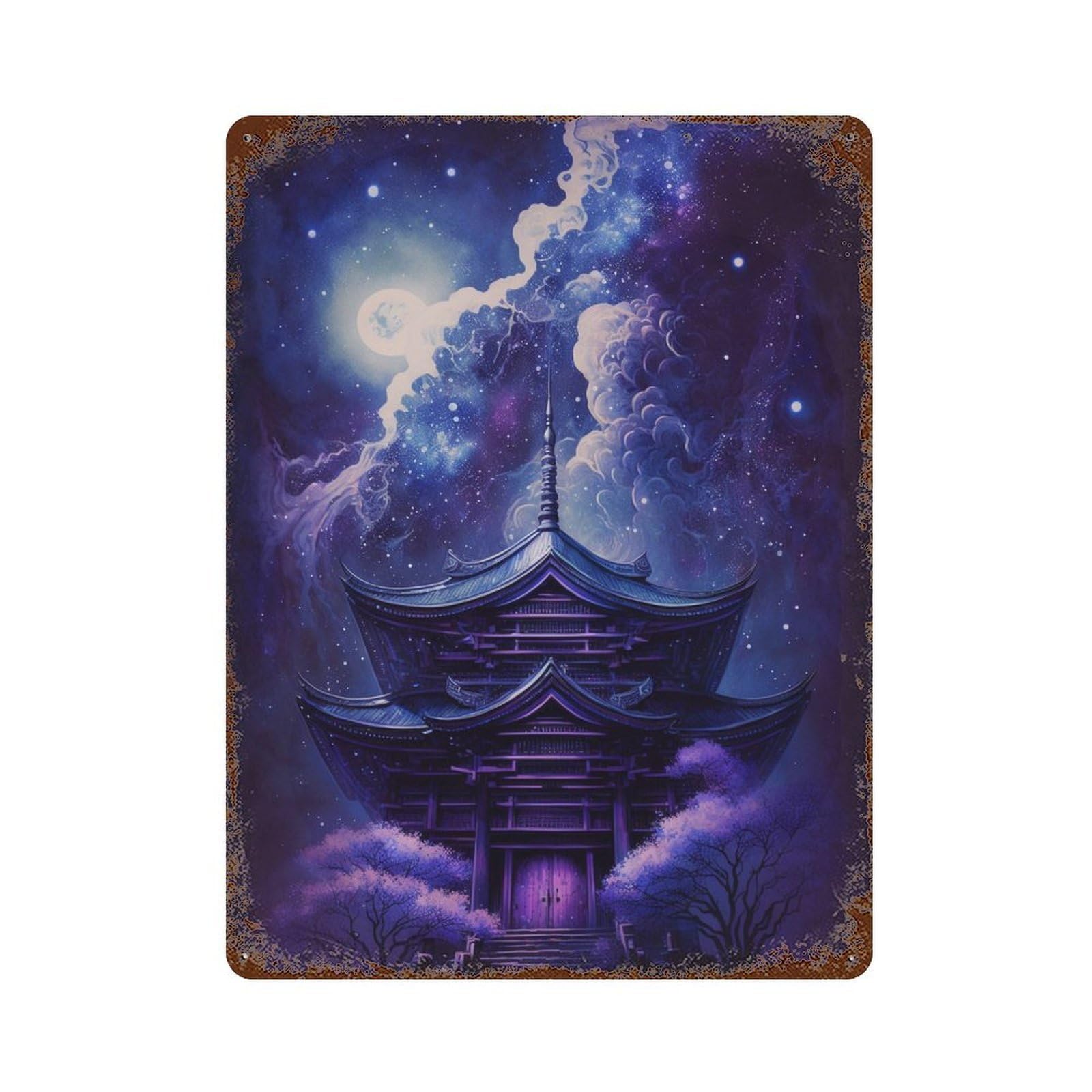 Enchanted Pagoda Night Sky Rusty Metal Tin Sign 15.7"x11.8", Vintage Wall Decor for Garage, Pub Or Kitchen