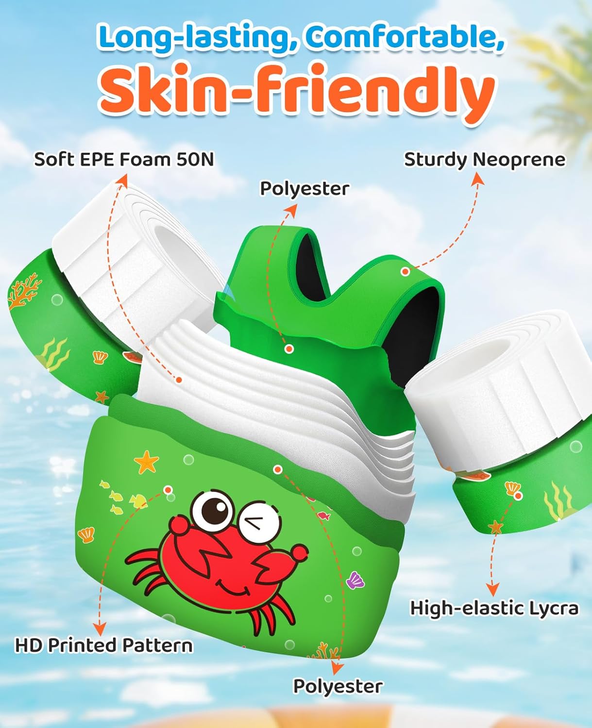HeySplash Swim Vest for Kids, Toddler Pool Floaties Fit 33-66 Lbs, Children Swimming Vest with Adjustable Strap, Swim Jacket Water Wing Arm Float, Puddle Beach Boat Jumper Boy Girl, Green Crab