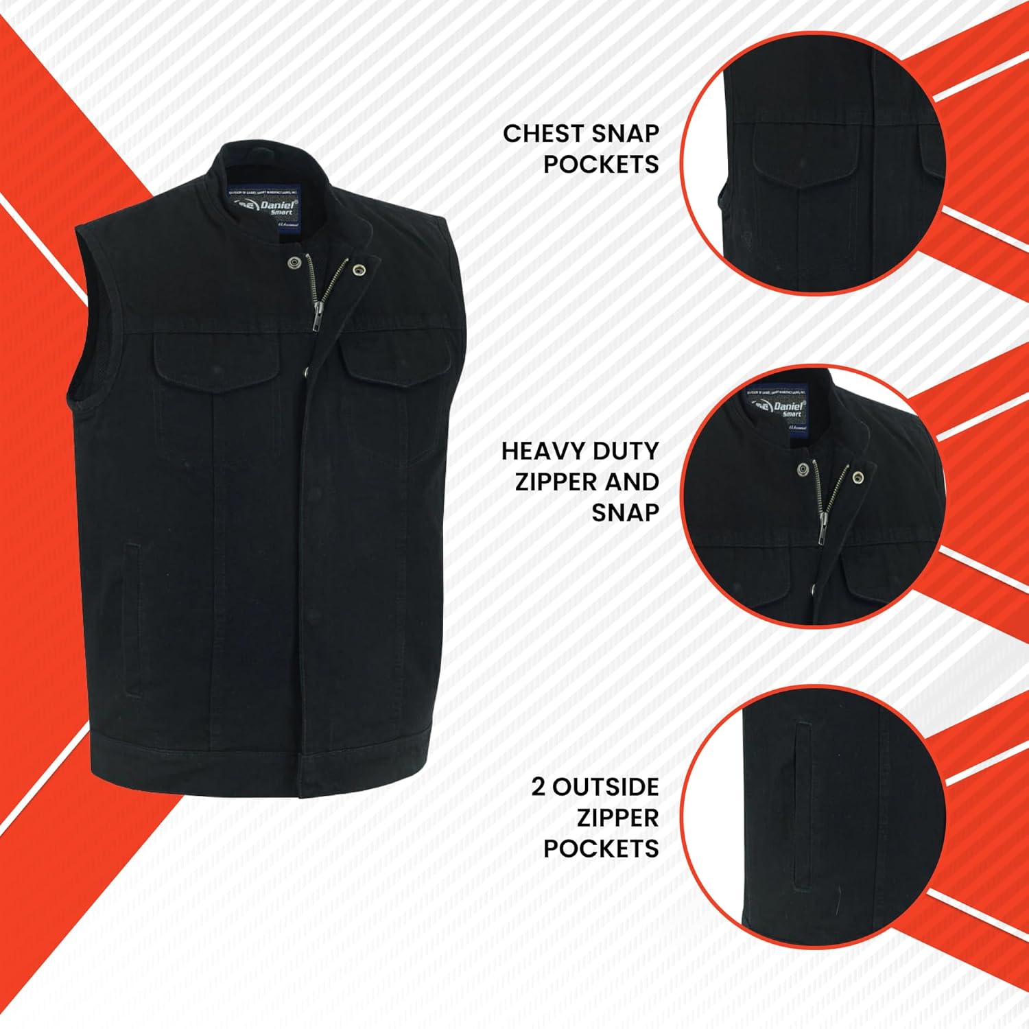 Daniel Smart Men's Motorcycle Denim Vest – Stand Collar Biker Riding Vest w/YKK Zipper, Smart Pockets & Patch-Ready Back - Image 2