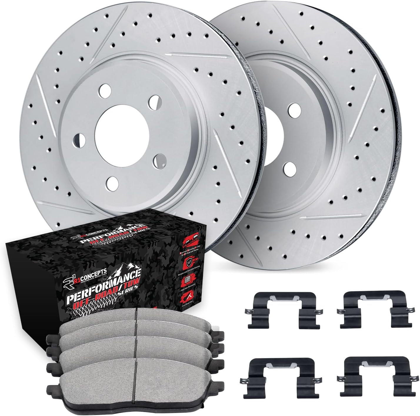 R1 Concepts Front Brake Kit For 2012-2024 Dodge Durango, 2014-2022 Jeep Grand Cherokee| Drilled Slotted Brake Rotors| Off-Road/Tow Brake Pads and Rotors Kit| Hardware included