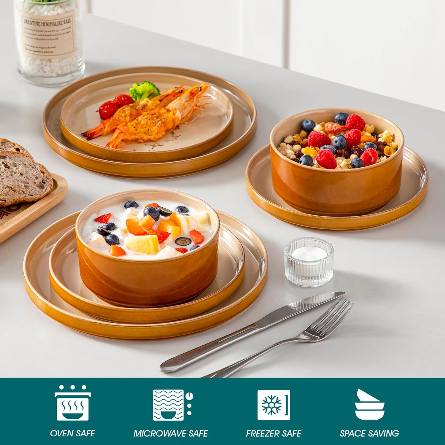 vancasso ONION Ceramic Plates and Bowls Sets, 12 Pieces Brown Dinnerware Sets for Kitchen, Reactive Glaze Dishes Set for 4, Dishwasher and Microwave Safe - Image 4