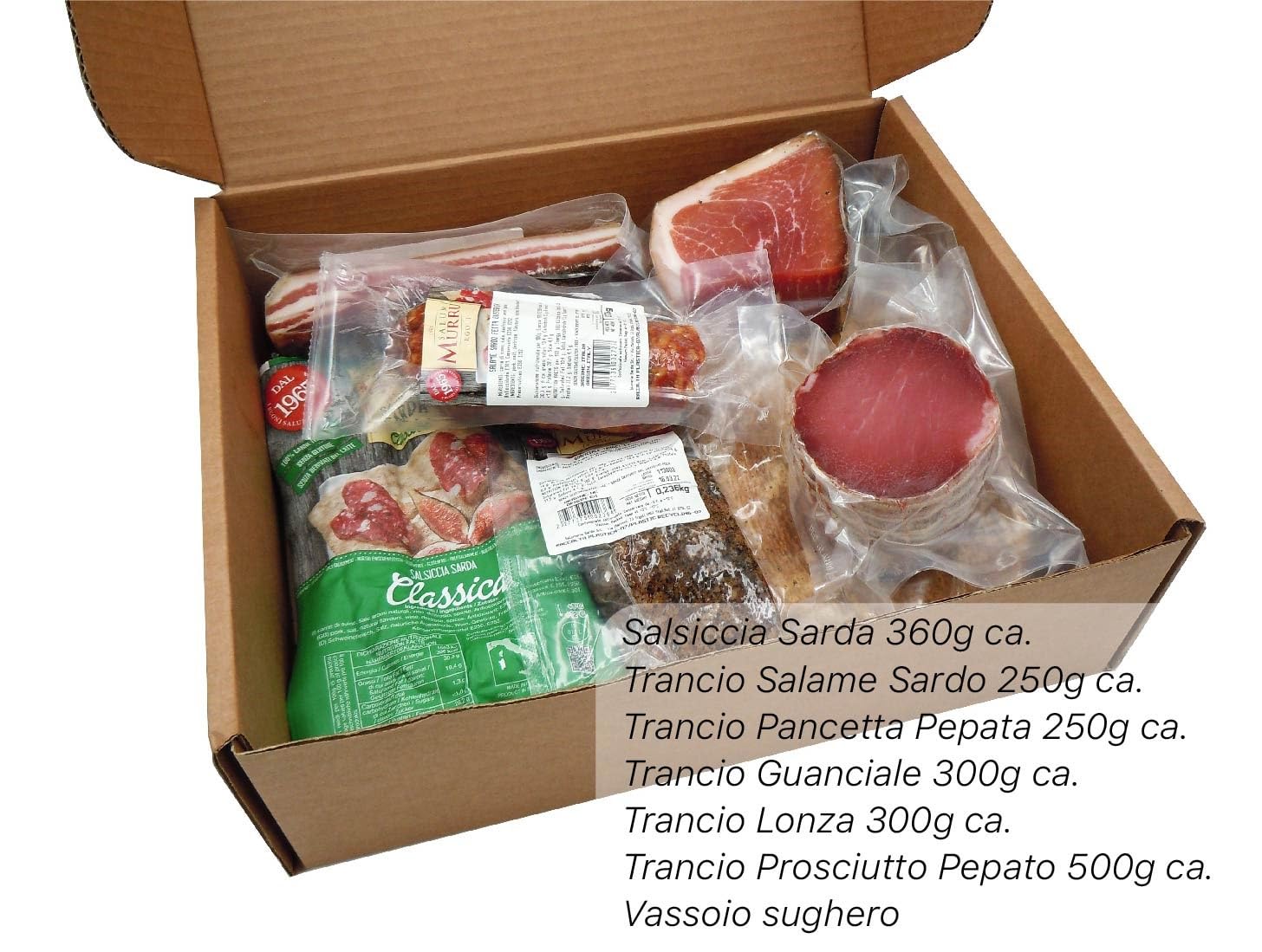 Salumi Murru | Box Degustazione 2 Salumi Sardi Artigianali | Confezione Aperitivo con Salsiccia Curva, Pancetta, salame, guanciale e sgambato pepato e vassio in sughero| Specialità Tipiche Sarde