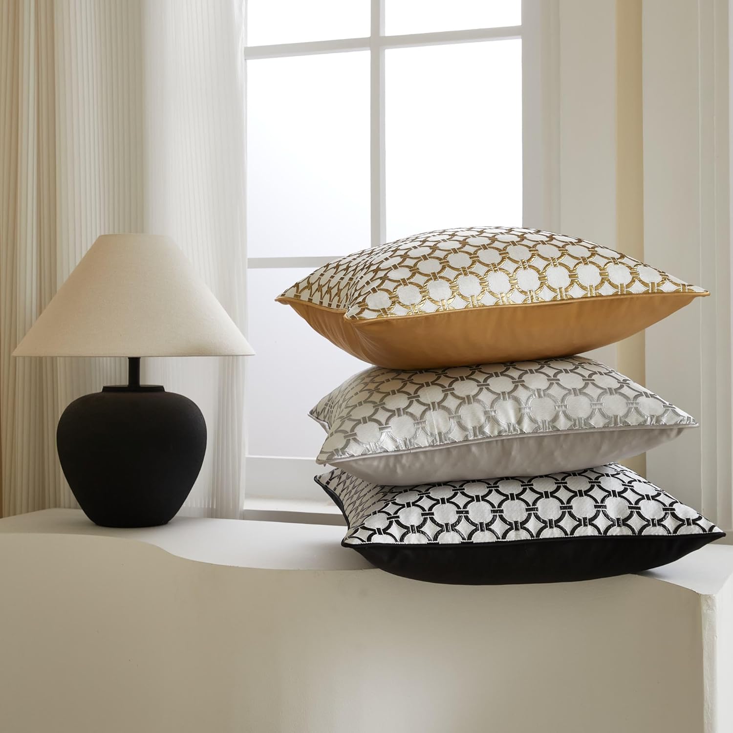 Mid Century Modern Throw Pillow Covers 22x22 Inches Set of 2 Textured Jacquard Circular Pattern Decorative Accent Pillows Covers for Bed Sofa Couch and Home Decor - Ivory Sliver(No Insert)