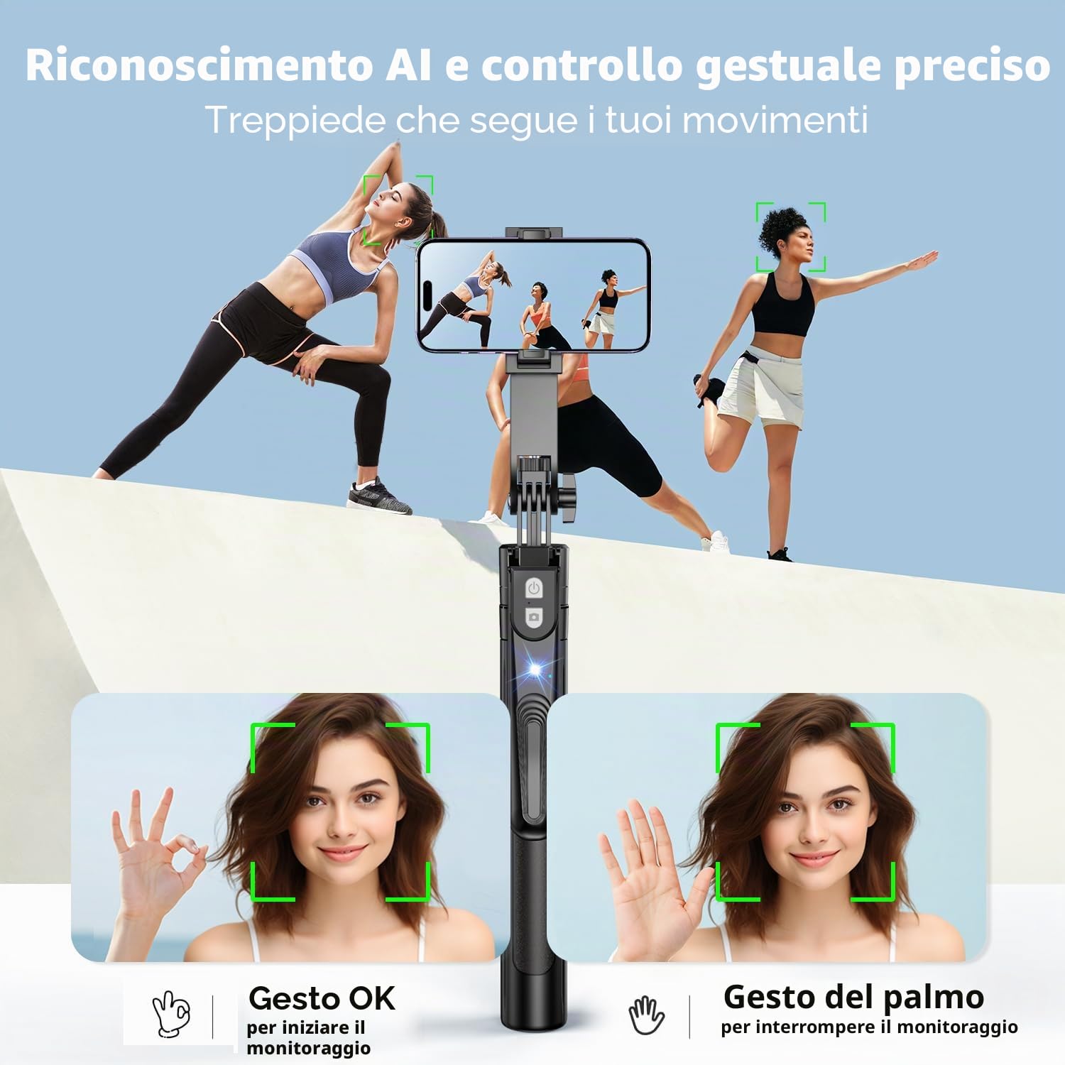 yAyusi Tracciamento Automatico del Volto Treppiede, 180cm Treppiede con Supporto Telefono, Nessuna App, Controllo Gesto, 360° Tracciamento Automatico Selfie Stick Treppiedes per Video/Streaming Live