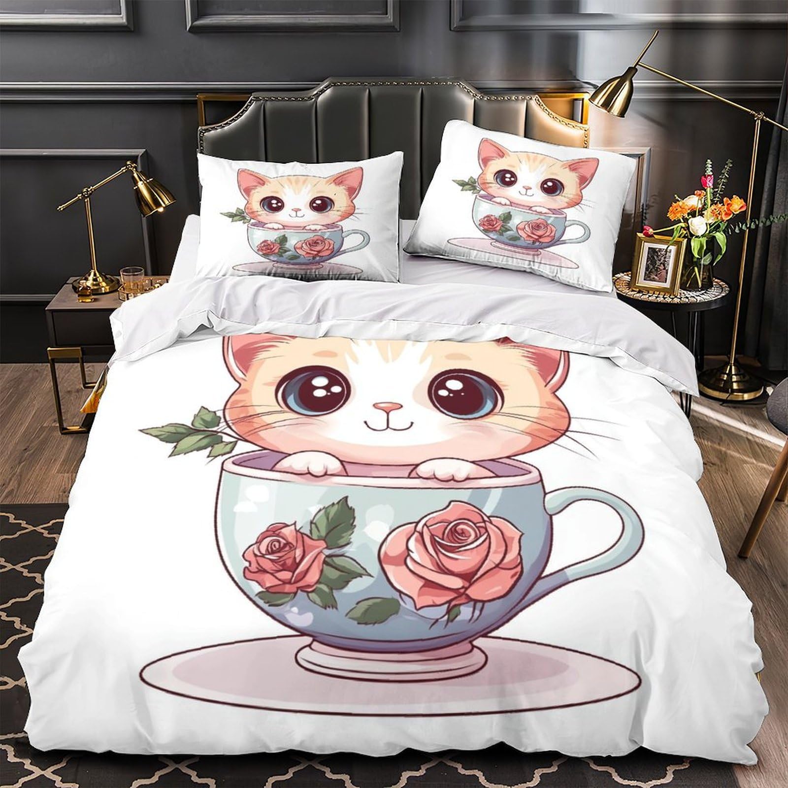Housse de couette 220x240 chaton respirante et parure de lit microfibre légère 3D