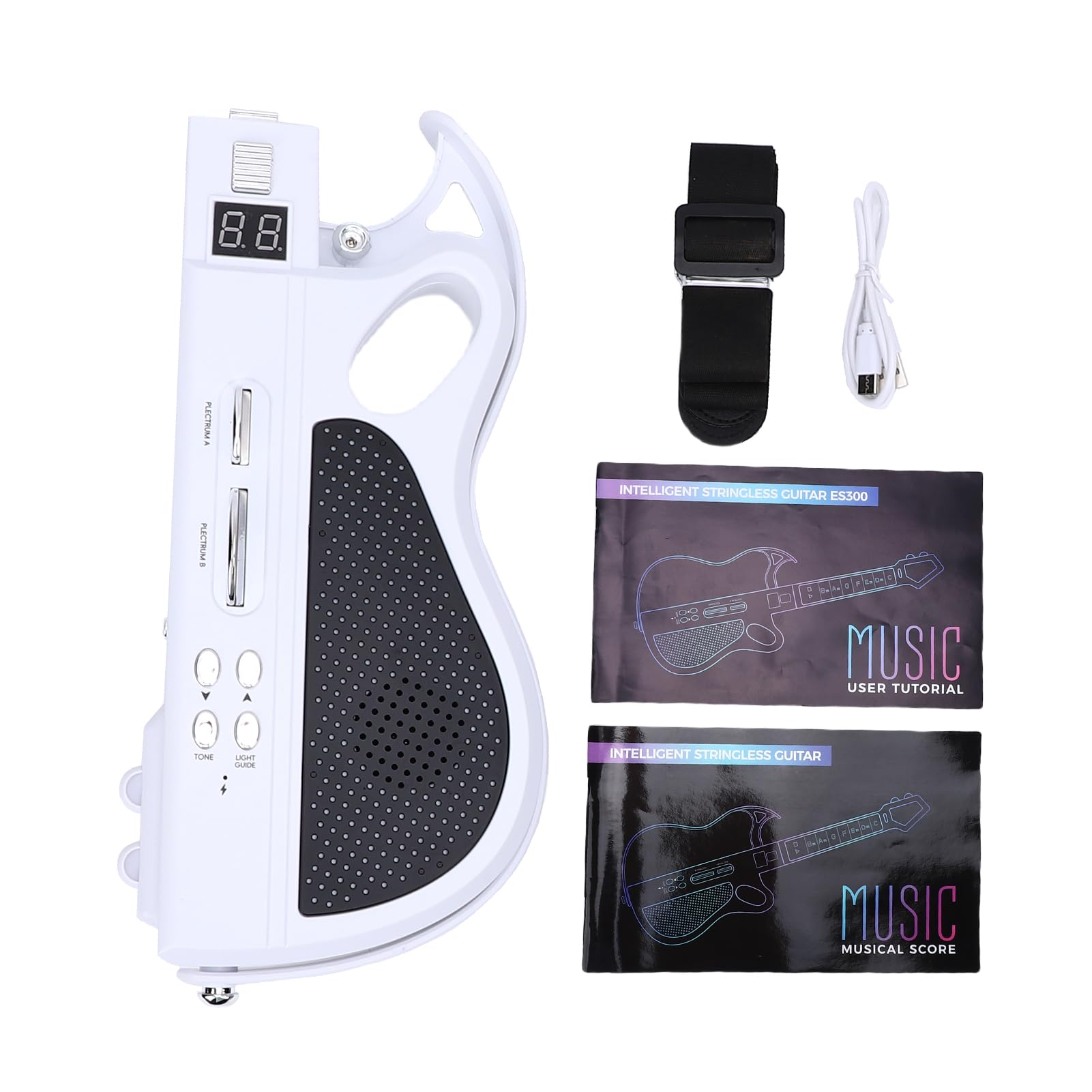 Tissting Chitarra Elettrica Giocattolo Per Bambini Pieghevole Senza Corde - 7 Suoni, Batteria Ricaricabile, 4 Ritmi, Cinturino Incluso Per Musica In Famiglia E All'Aperto (White)