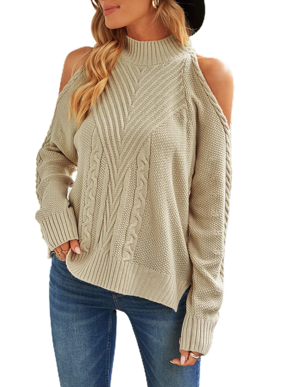 BLENCOT Womens Casual Cold Shoulder Loose High Neck Long Sleeve Sweaters Solid Color Sweater Pullover Top Khaki 3XL