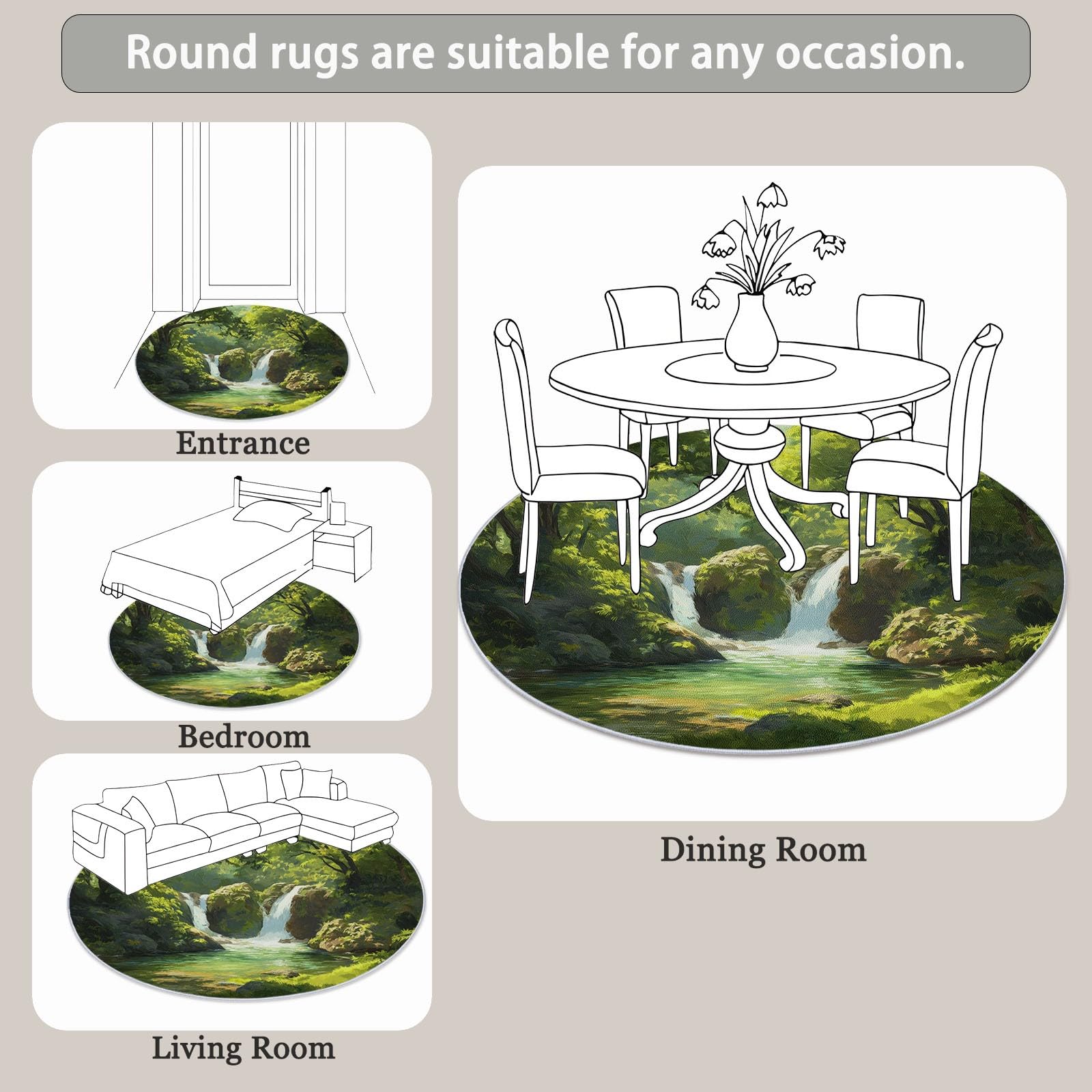 Générique Tapis Rond Forêt Naturelle Cascade 120 cm, Lavable en Machine pour Salon Antidérapant Imprimé pour Salle à Manger, Chambre d’Enfant Nurserie, Vert
