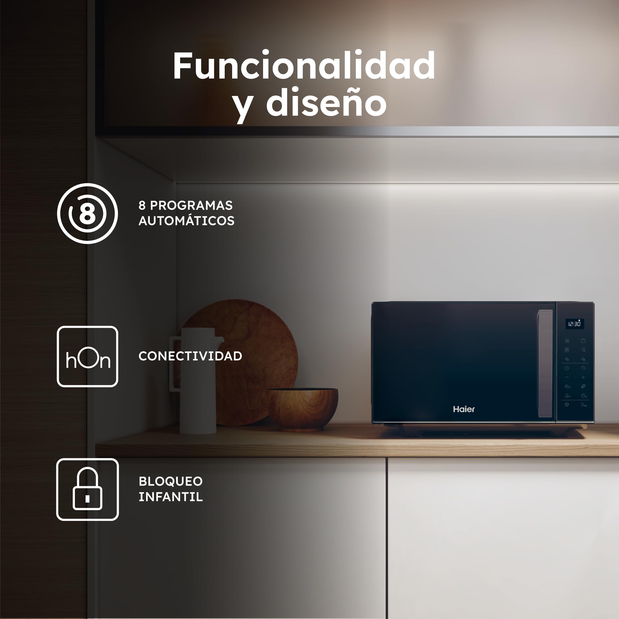 Haier Series 2 HAMGI23S2STB Microondas con grill, 23L, Potencia 900W, Potencia Grill 1000W, 6 Niveles de Potencia, 6 Funciones, Interfaz táctil, 8 Automenús, Negro
