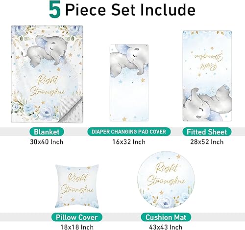 Miniatura 2 de Juego de ropa de cama personalizado para cuna 5 piezas de regalo personalizado con diseño de elefante con nombre, juego de ropa de cama de guardería