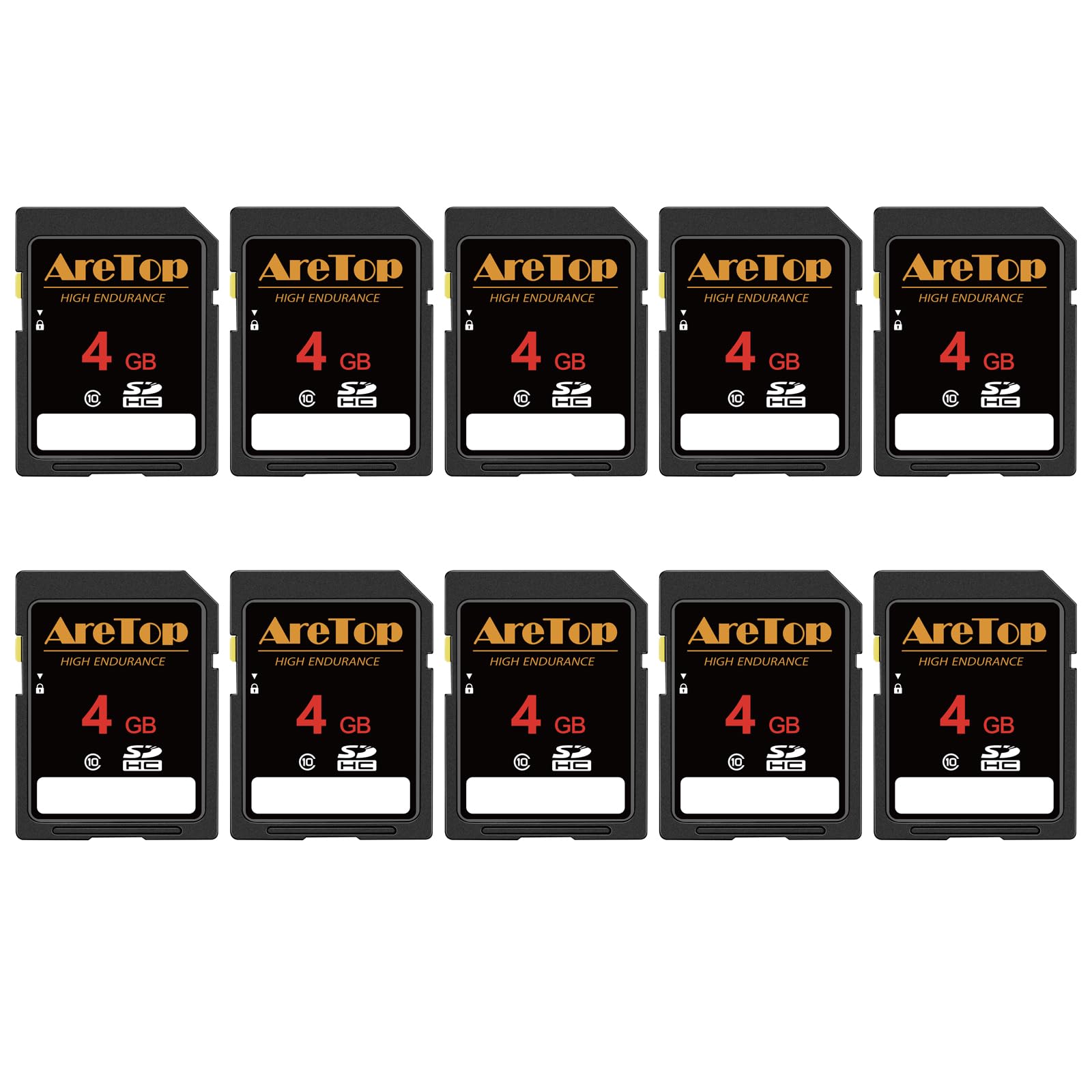 AreTop Scheda SD da 4 GB, confezione da 10 schede di memoria UHS-I classe 10 SDHC, 10 confezioni da 4 GB Full HD, schede digitali sicure per fotocamere, DSLR, Action Cam e Trail Camera