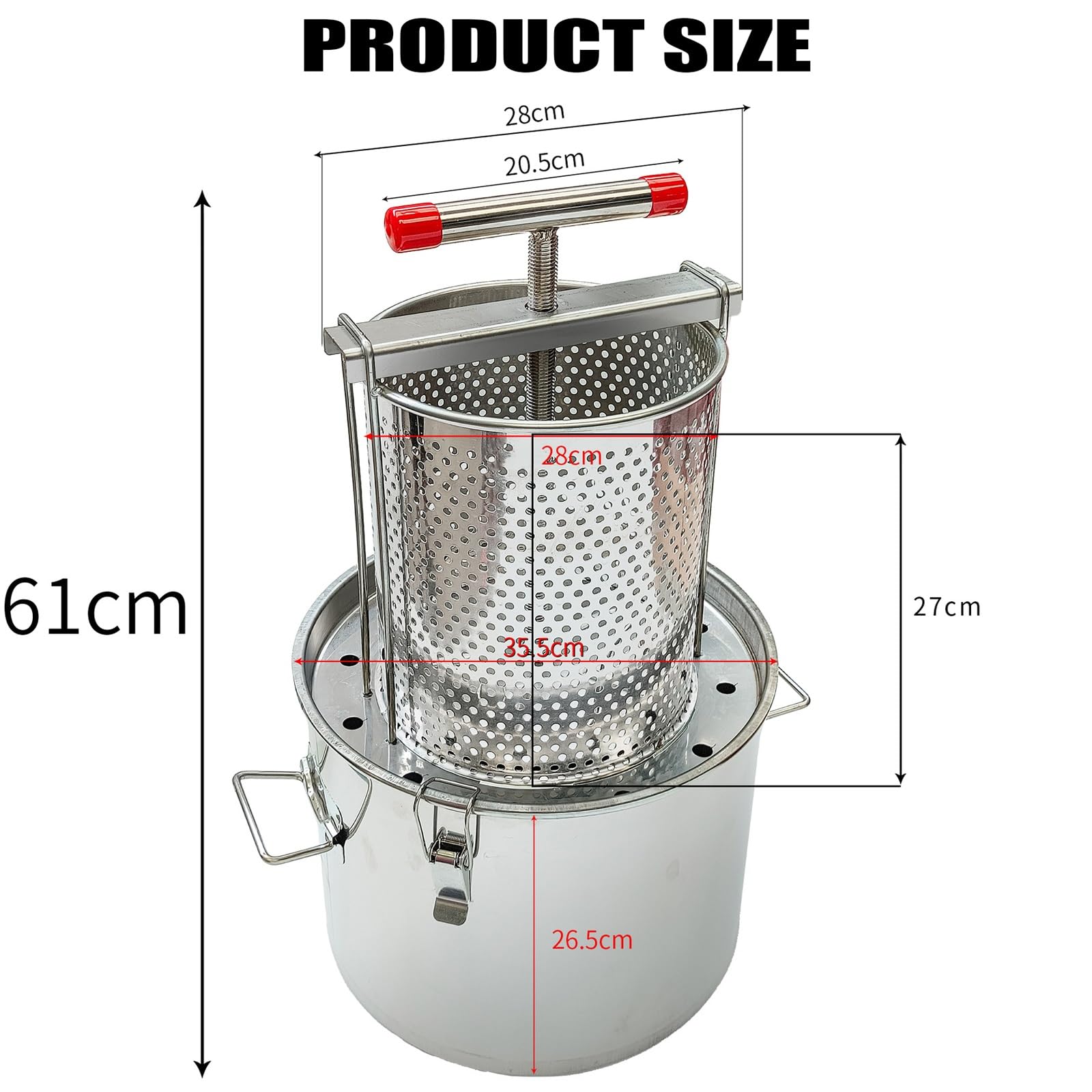 Extractor de miel manual 2 en 1,prensa de miel de malla manual doméstica de 23 l con mango en T, extracción de miel de acero inoxidable for apicultura, elaboración de vino, miel, jugos, cocina y hogar