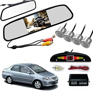 Auto Pearl 4.3 Inch TFT LCD Rearview Mirror Parking Video System with 16.5 MM for Reverse HD Camera, 4 Silver Parking Sensors Compatible with City ZX (2009-2010)