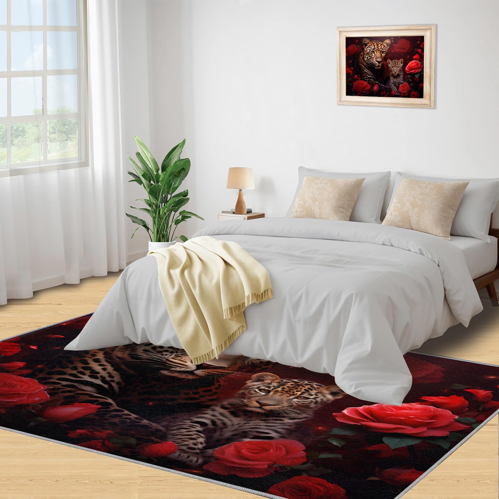 Cheetah Teppiche für Schlafzimmer, 80 x 120 cm, rote Rose, rutschfest, waschbar, Wildtier-Thema, für den Innenbereich, weiche Geräuschreduzierung, 3D-Tiere, Bodendekoration für Kinder