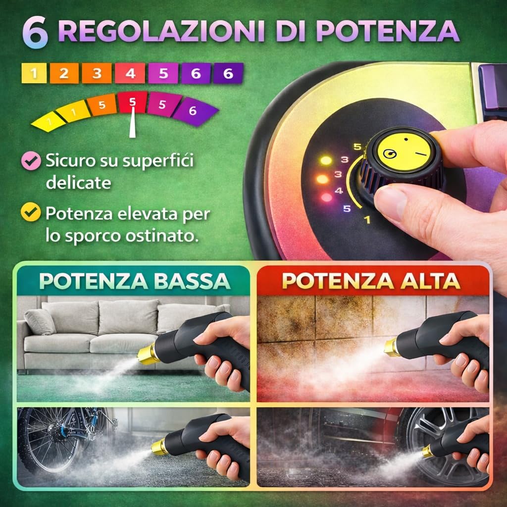 Pulitore a Vapore Portatile 2500W ad Alta Pressione – 6 Velocità Regolabili, Serbatoio 1200 ml, 3 Testine Incluse – Ideale per Casa, Cucina, Bagno, Finestre e Auto