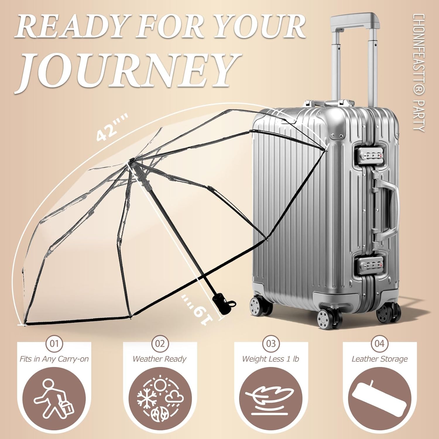 CHONNFEASTT® Clear Automatic Folding Umbrella with Leather Sleeve — 42" Transparent Canopy | Auto-Open | Compact 11" Fold — Wind-Resistant Travel Umbrella for Women & Men, Wedding & Commute - Image 5