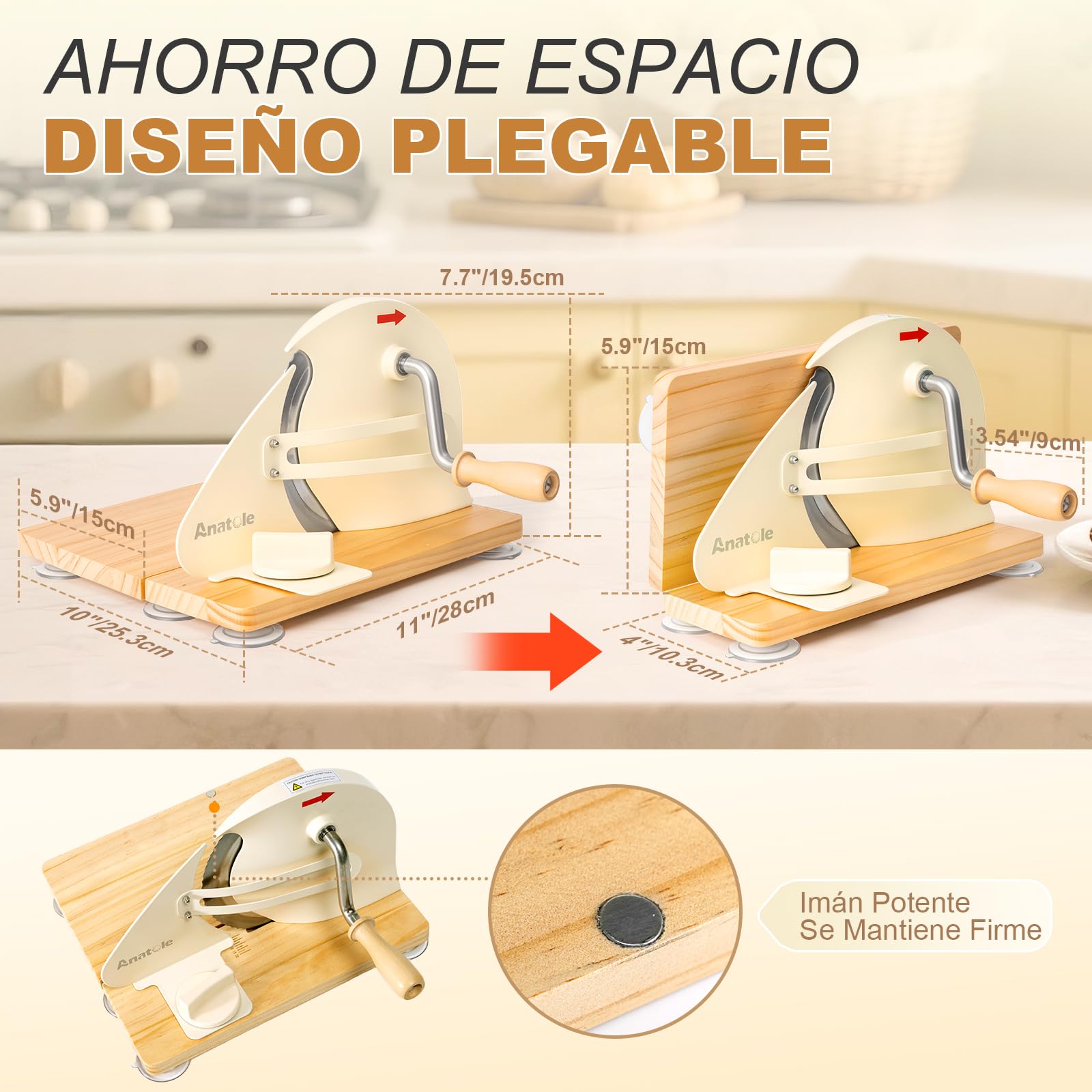 Anatole Cortadora de Pan Manual Plegable 0-20mm Ajustable Rebanadora Acero Inox Profesional con Manivela Guía Metálica Extraíble Escala Grabada