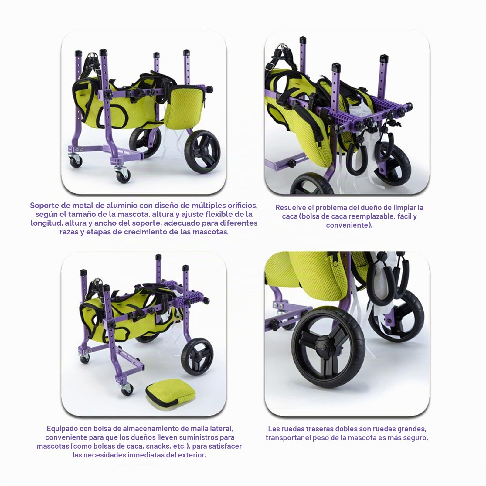 Carrito de Patas Traseras Para Perros de 4 Ruedas Extensible Para Mascotas Con Problemas Movilidad,Se Adapta Varias Razas Y Tamaños,Construcción Aleación Aluminio Y Tela