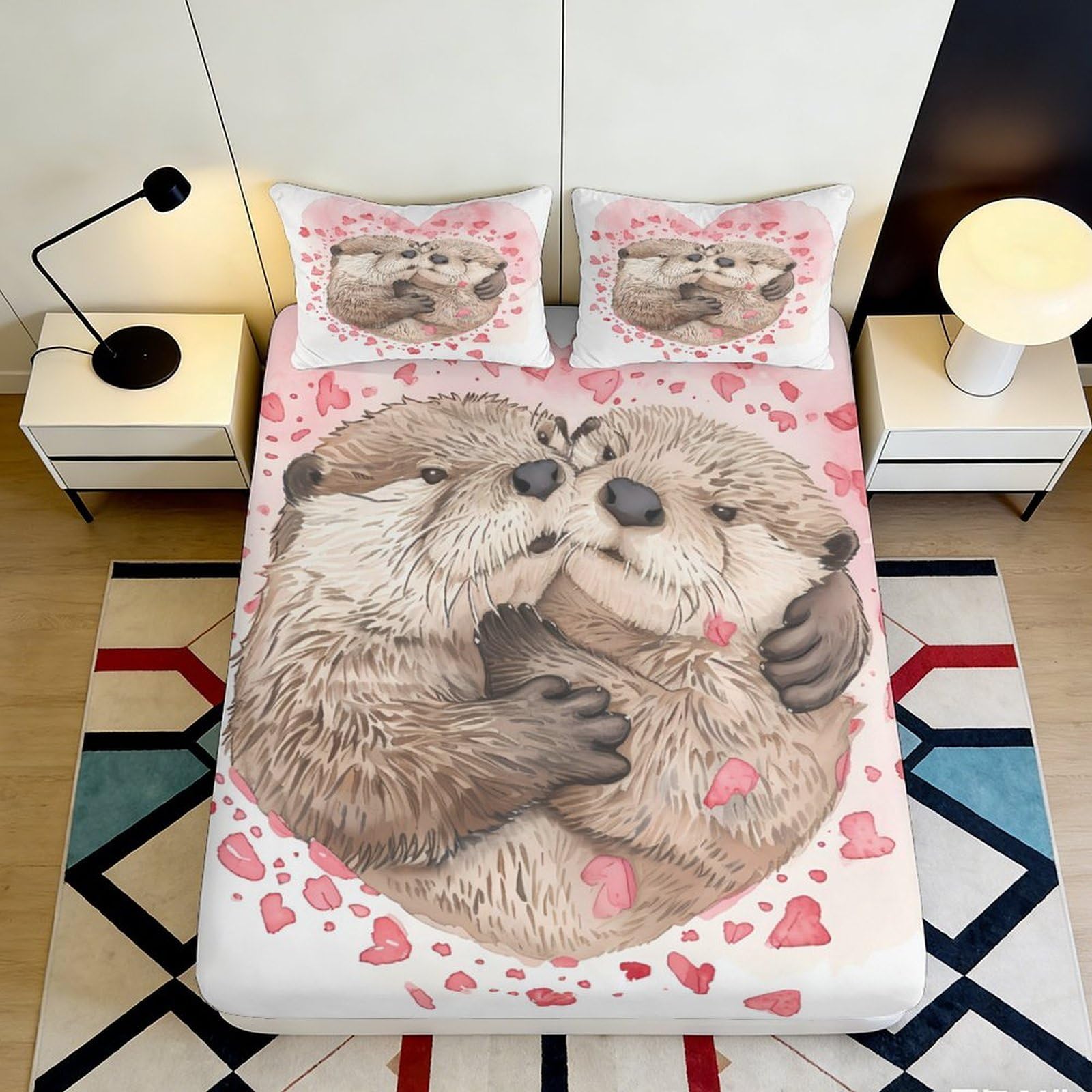 3D Printed Otter Lovers Fitted Sheet Microfiber Soft Breathable Heart Pattern Mattress Cover for Bedroom Dorm Decor 90x200x25cm