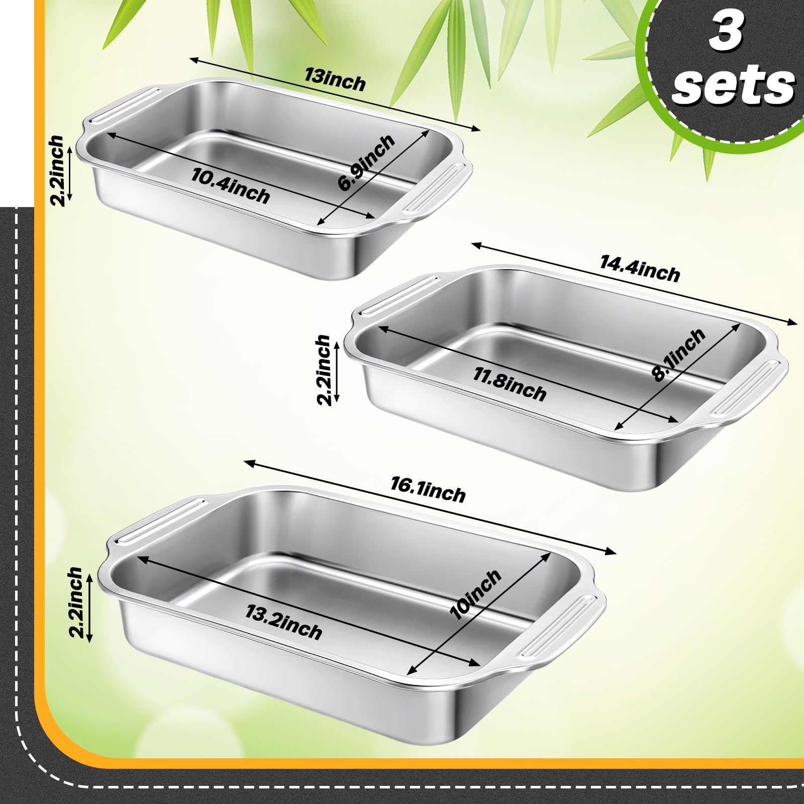 Funnymoom Set mit 3 Edelstahl-Kuchenformen, rechteckig, Backform, Backgeschirr für Fischkuchen, Brot, Aufläufe, Fisch, Gemüse, spülmaschinenfest