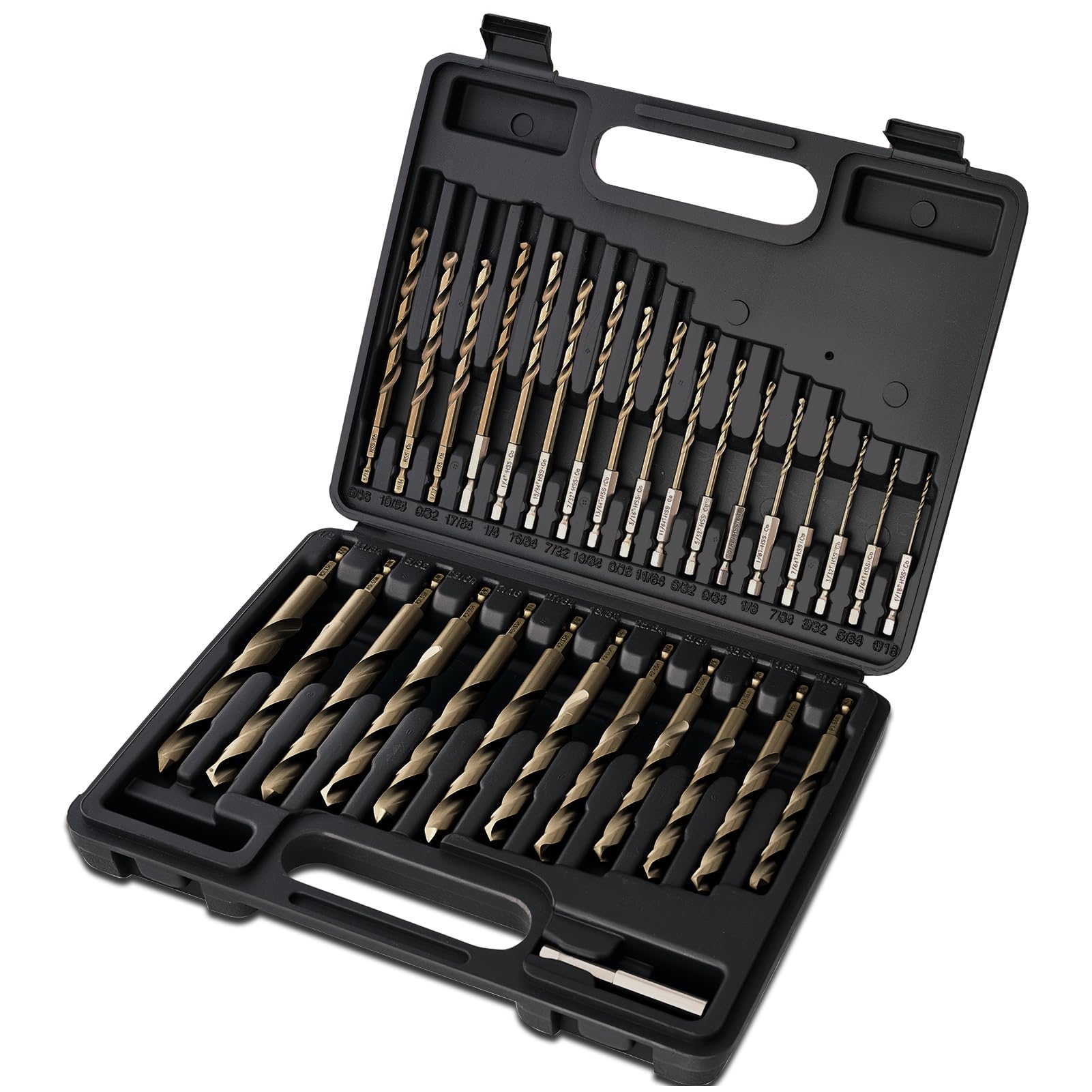 MACXCOIP Hex Shank Cobalt Drill Bit Set, 30Pcs M35 High Speed Steel Jobber Length Drill Bit Kit for Hardened Metal, Stainless Steel, Cast Iron, Wood