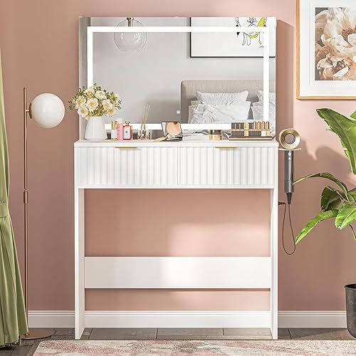 GarveeHome Fluted Vanity Desk with Large Lighted Mirror, Makeup Vanity Table with 2 Drawers, 3 Lighting Modes & Adjustable Brightness for Bedroom, White