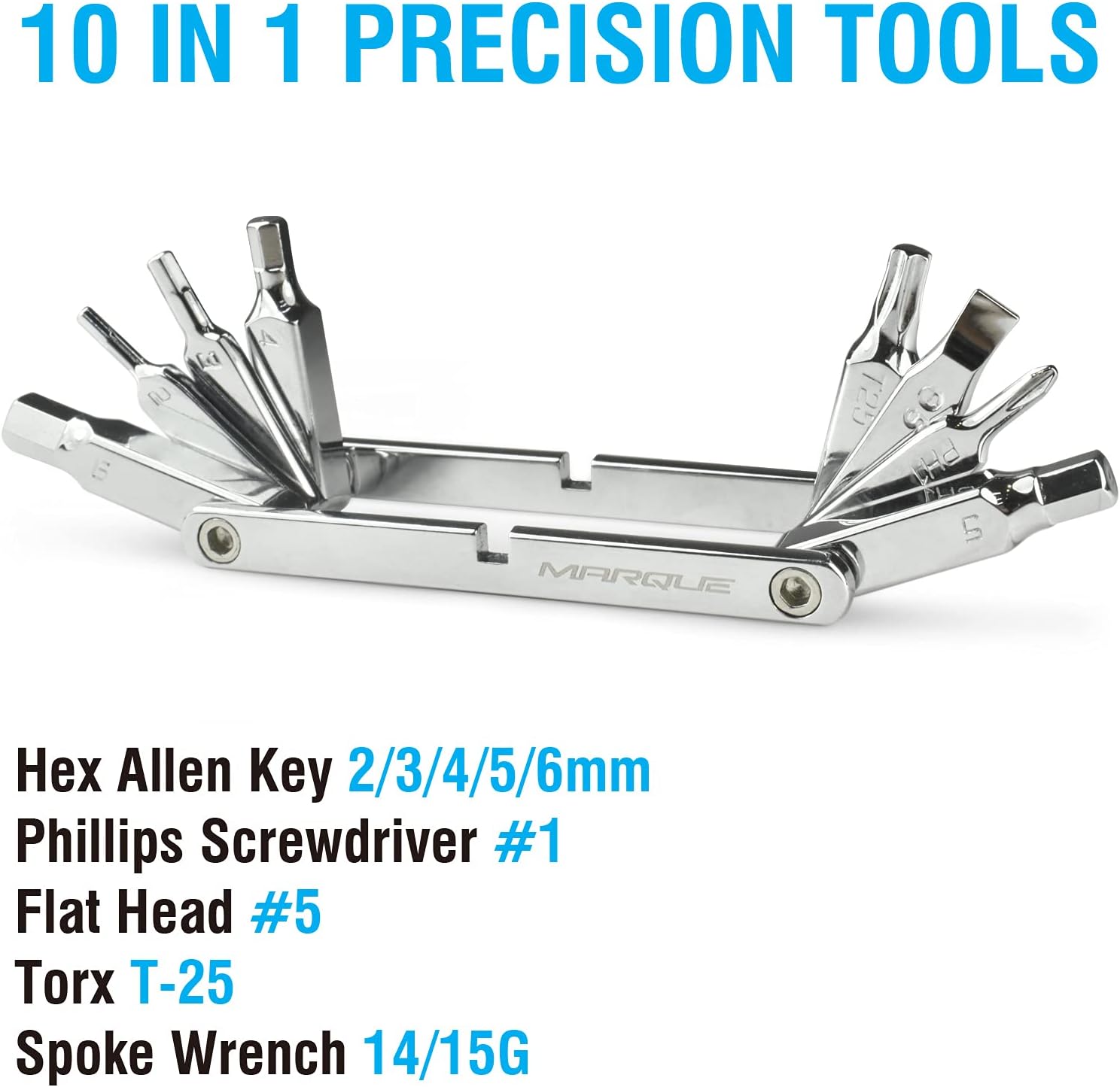 MARQUE 10 in 1 Bike Multitool - Mini 10 Bicycle Multi Tool Repair Kit for Road and Mountain Bikes. Pocket size with slim and portable profile for easy storage during road cycling and MTB-cyclist gift