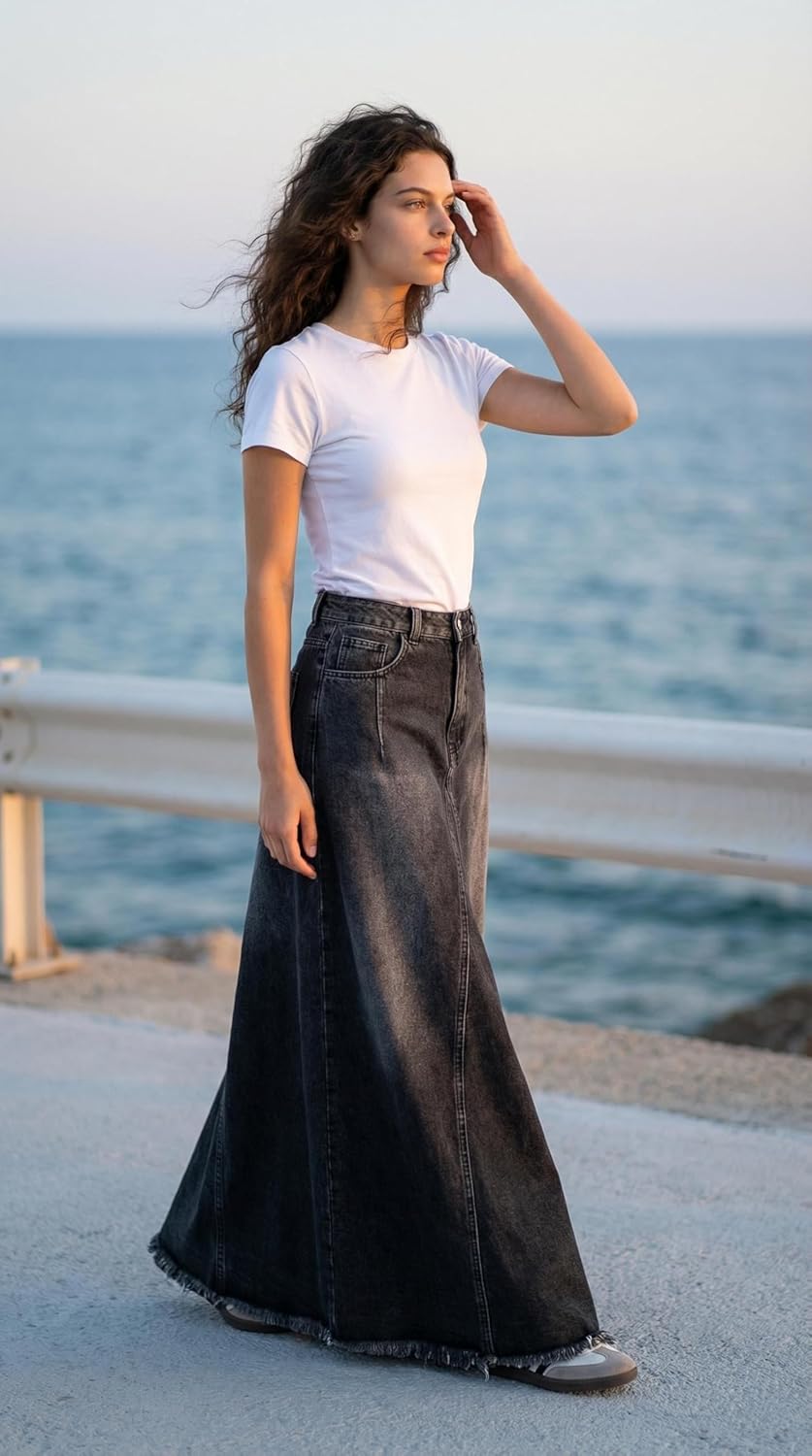 Women's Vintage Full Length Denim Skirts High Waisted Frayed Raw Hem Flared A Line Maxi Long Jean Skirts