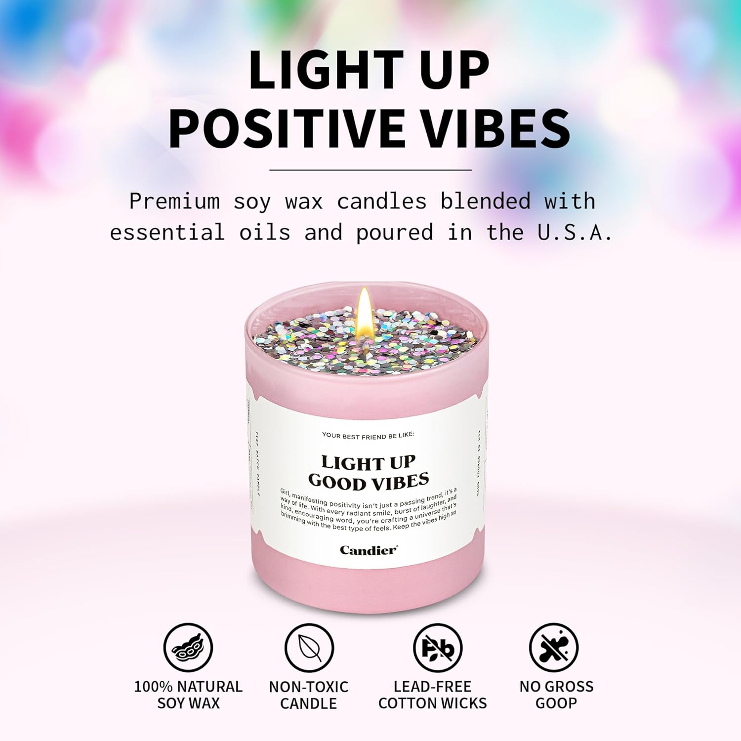 Light Up Good Vibes Candle, Scented Soy Candle with 60+ Hours Burn Time, Vegan-Friendly Pink Candle for Any Occasion, Candles for Women & Men - Candier - Image 3