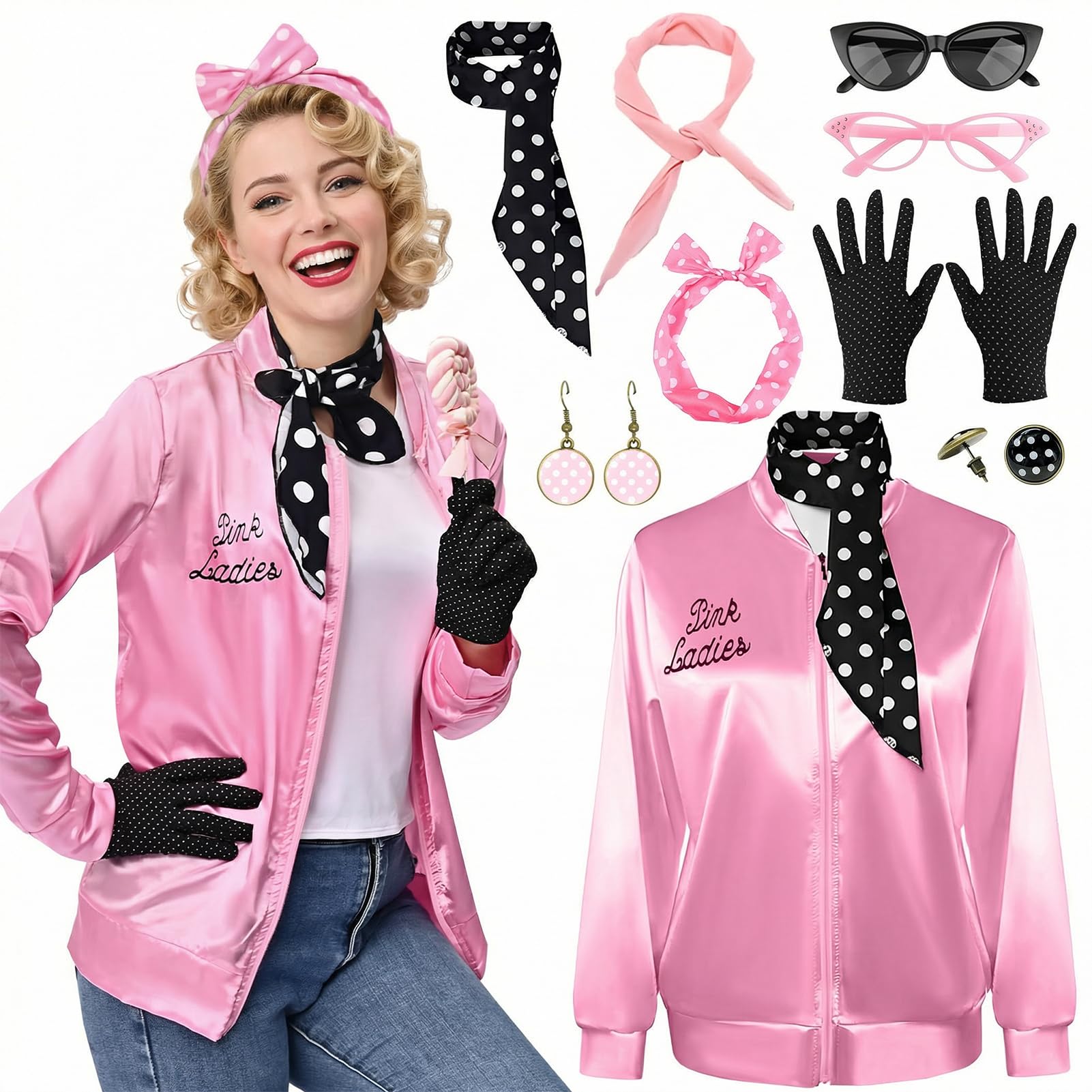 Essestim Pink Jacket Ladies Set, Fancy Dress for Women 1950s Accessories with Jacket, Glasses, Gloves, Headband Dot Bandana for Carnival Retro Party (Pink, L)