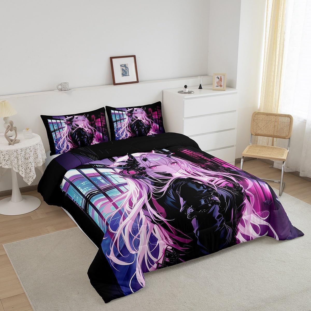 Erosebridal Japanese Anime Bedding Set Queen Size, Anime Girl Comforter Set Kawaii Japanese Style Duvet Insert Cartoon Japan Animation Quilt for Boys Teens Adult Women Bedroom Decor image 4