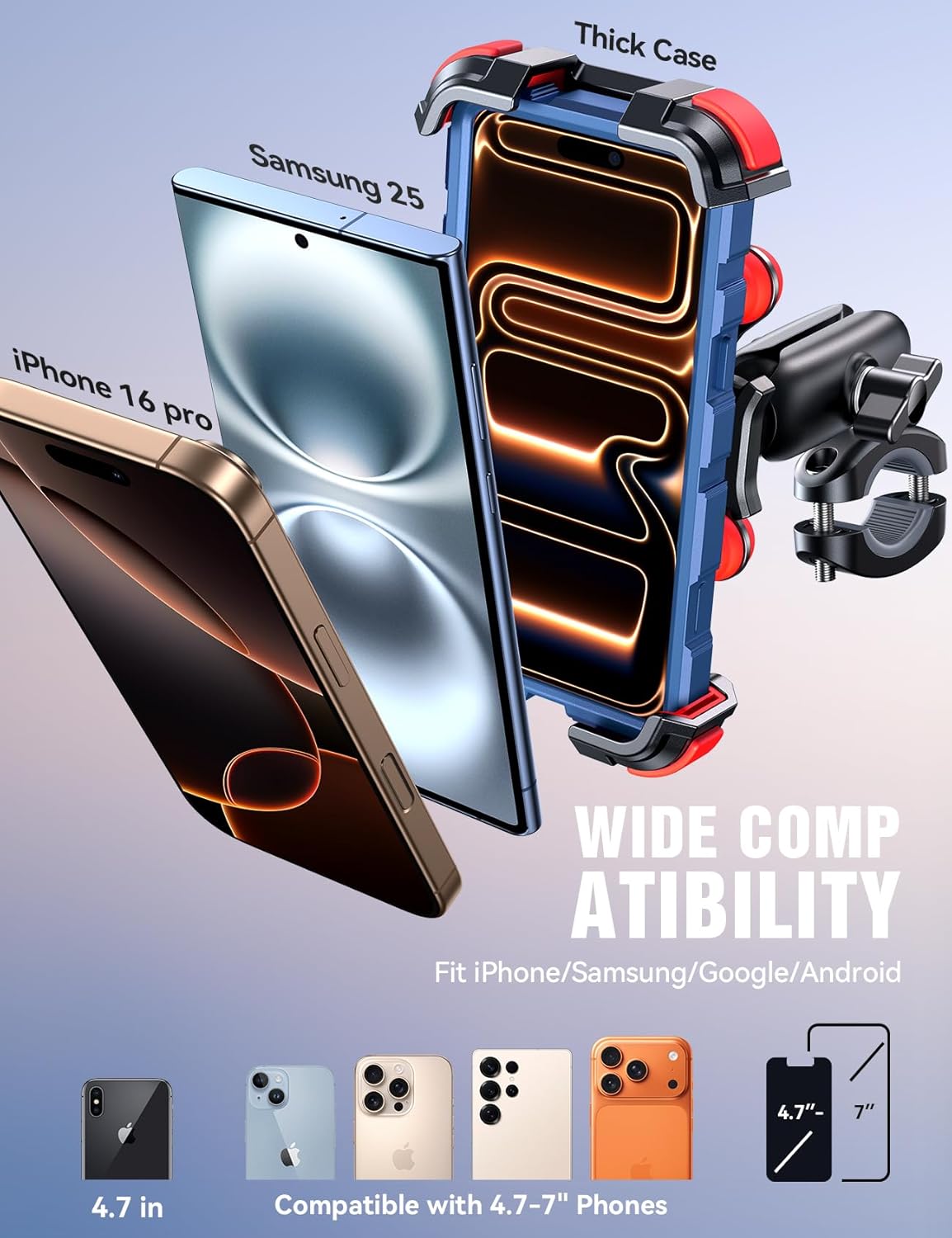 JOYROOM Motorcycle Phone Mount Holder - [Dual Vibration Dampener] [Metal Adjustment Arm] Motorcycle Cell Phone Holder Mount, Bike Bicycle Handlebar Phone Mount for All 4.7''-7'' Cell Phones, Red