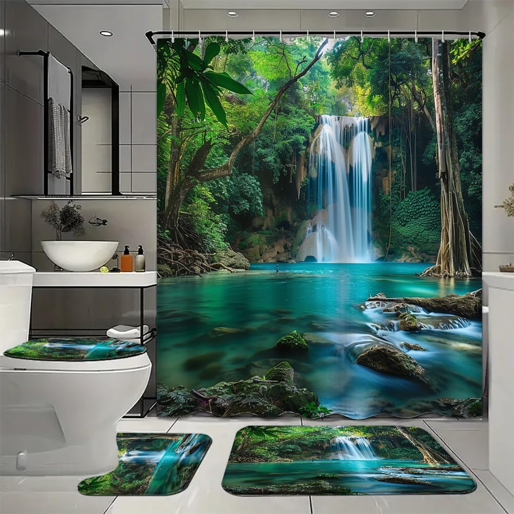 Waterfall View Waterproof Shower Curtain Set (72x72 Inch) with Non-Slip Bath Rugs, 4 Piece Natural Spring Forest River Bathroom Set Includes U-Shaped Mat & Toilet Seat Cover